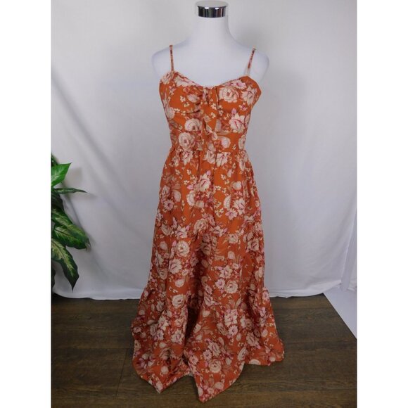 Trixxi Dress Womens Large Orange Floral Maxi Sleeveless Boho Tiered Summer Beach - Picture 1 of 13